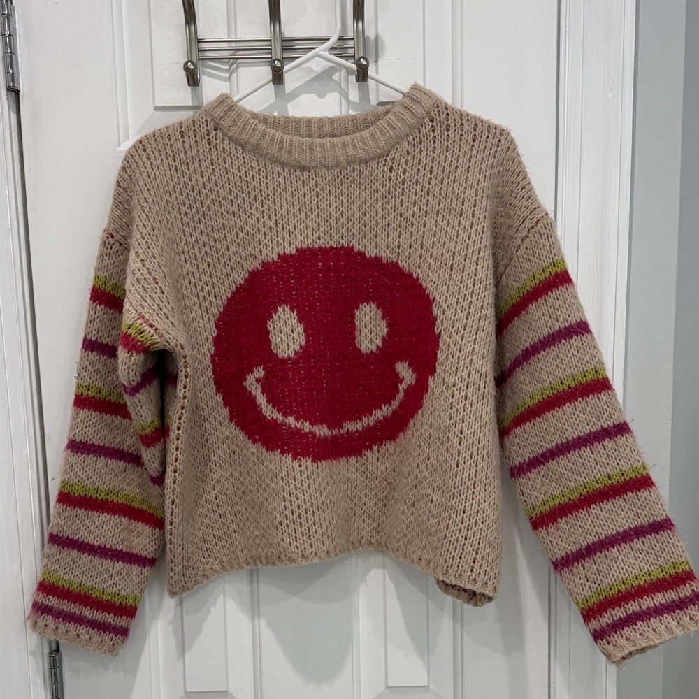 Easel Tan Sweater with Red Smiley and Striped Sleeves